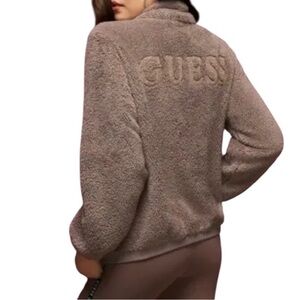 GUESS Women’s Brown Teddy Jacket Full Zip Cozy Fleece Fuzzy Size Large EUC
